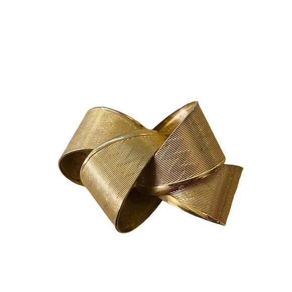 Goldtone Bow Textured Chevron Texture Brooch Pin Dimensional 1.8" - Picture 14 of 14
